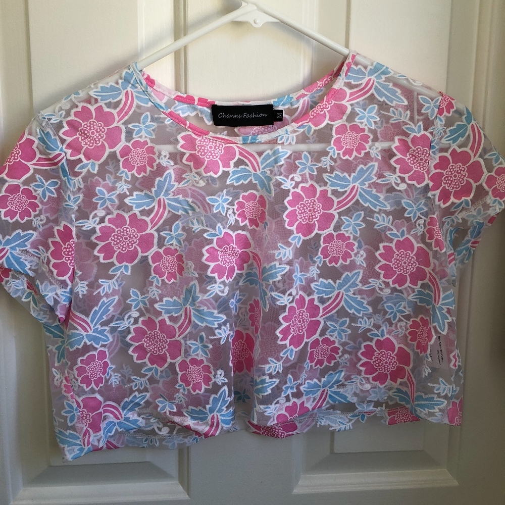 LF Charms Fashion Sheer Floral Cropped Top